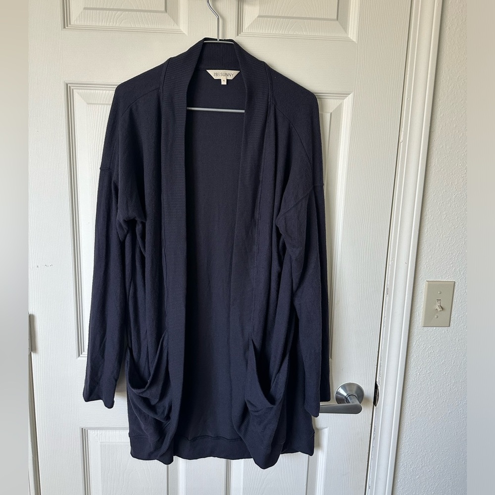 78&SUNNY Navy Blue Open Cardigan with two front large pockets.